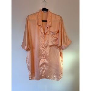 Vintage Peach Satin Nightshirt Womens Small Button Front Sleep Shirt Lingerie
